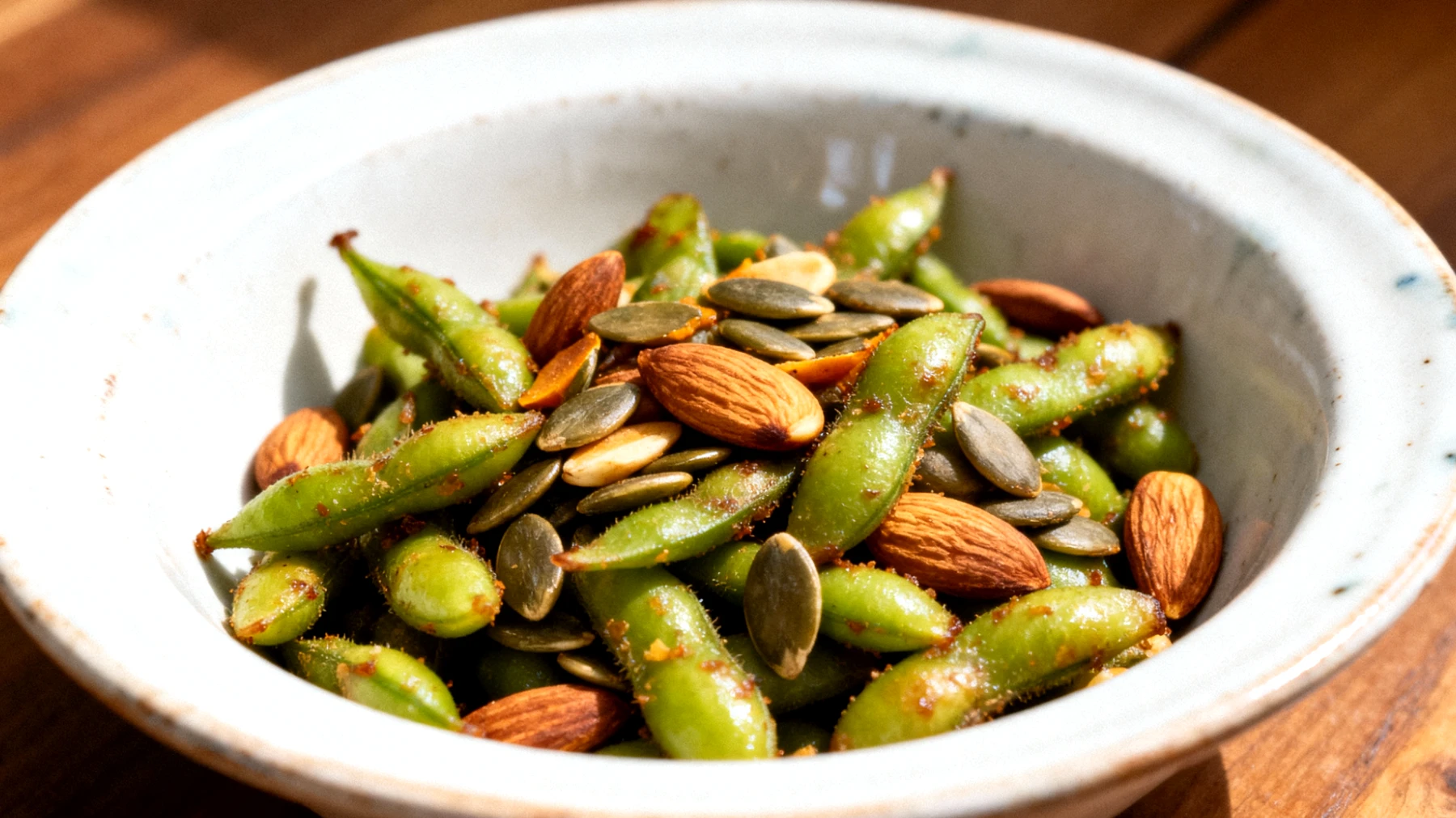 Edamame tostati con semi di zucca e mandorle"