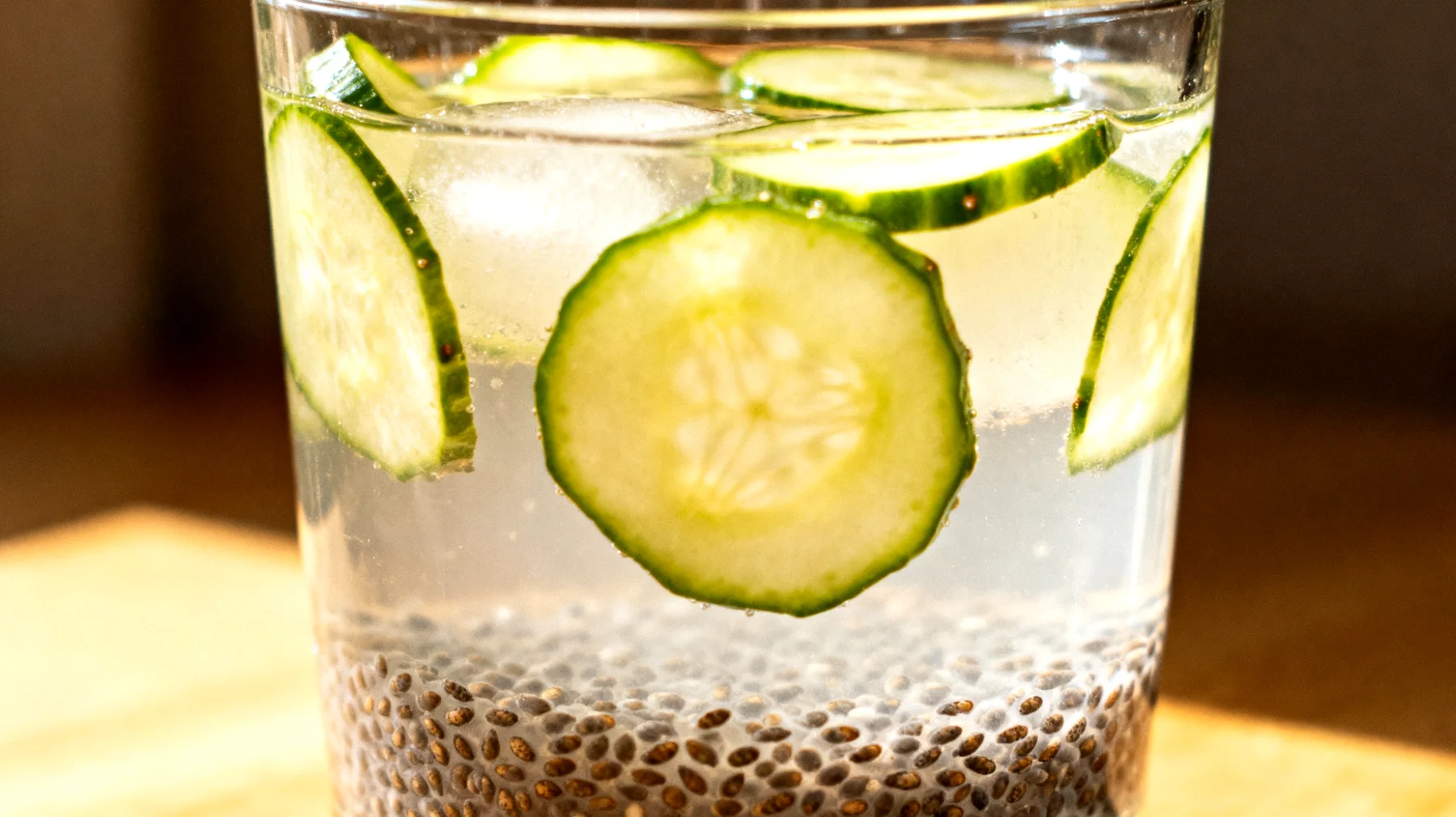 Acqua di cocco con semi di chia e fette di cetriolo"