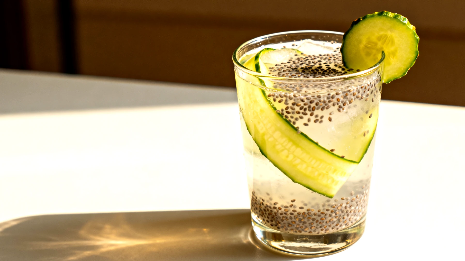 Acqua di cocco con semi di chia e fette di cetriolo"