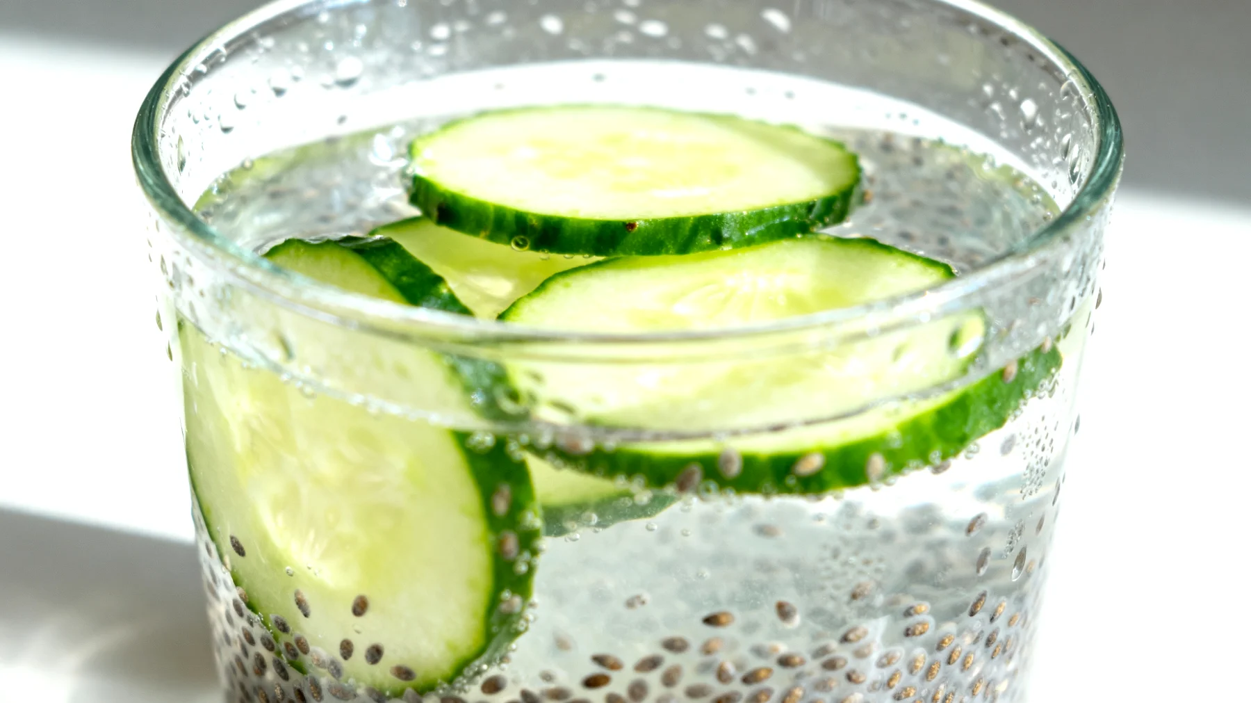 Kefir d'acqua con semi di chia e fette di cetriolo"