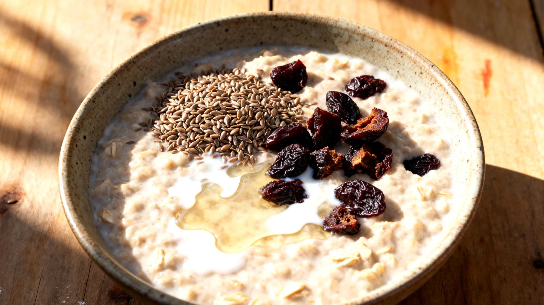 Porridge di avena con semi di lino, prugne secche e kefir"