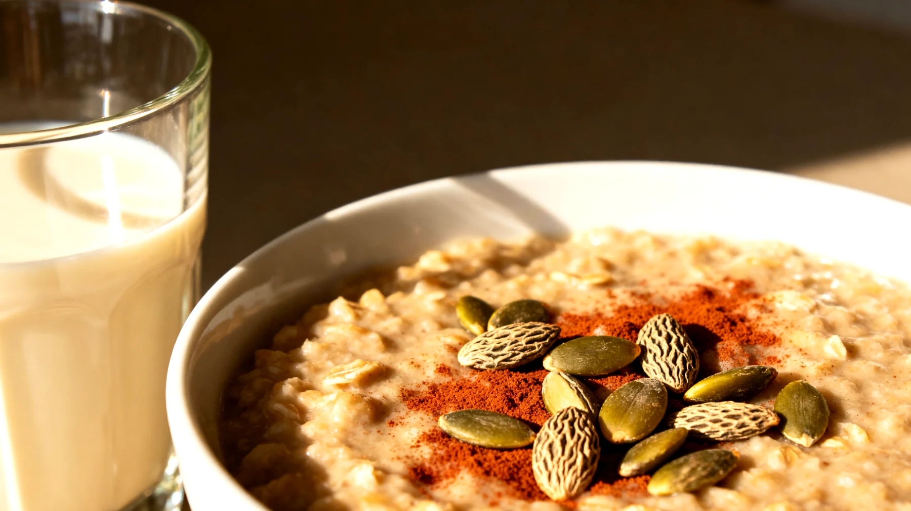 Porridge di avena con semi di zucca, latte vegetale tiepido e una spolverata di cannella"
