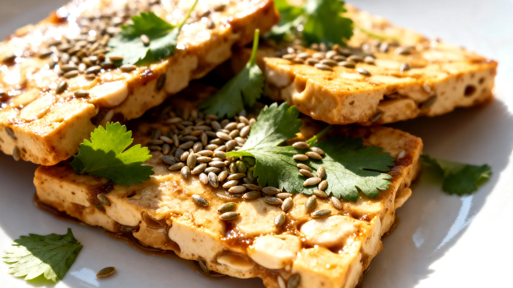 Tempeh marinato con semi di canapa"