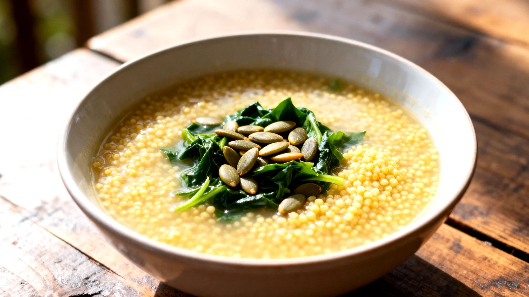 Zuppa di miglio con verdure a foglia verde e semi di zucca"