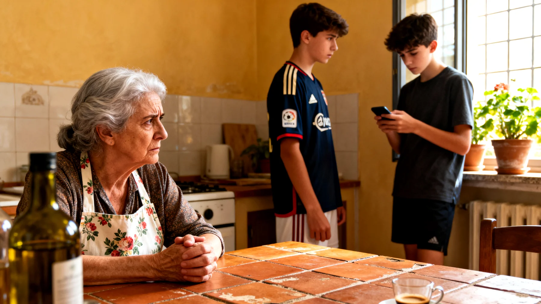 Nonna preoccupata per il futuro lavorativo e sociale dei nipoti adolescenti in un mondo sempre più incerto e competitivo"