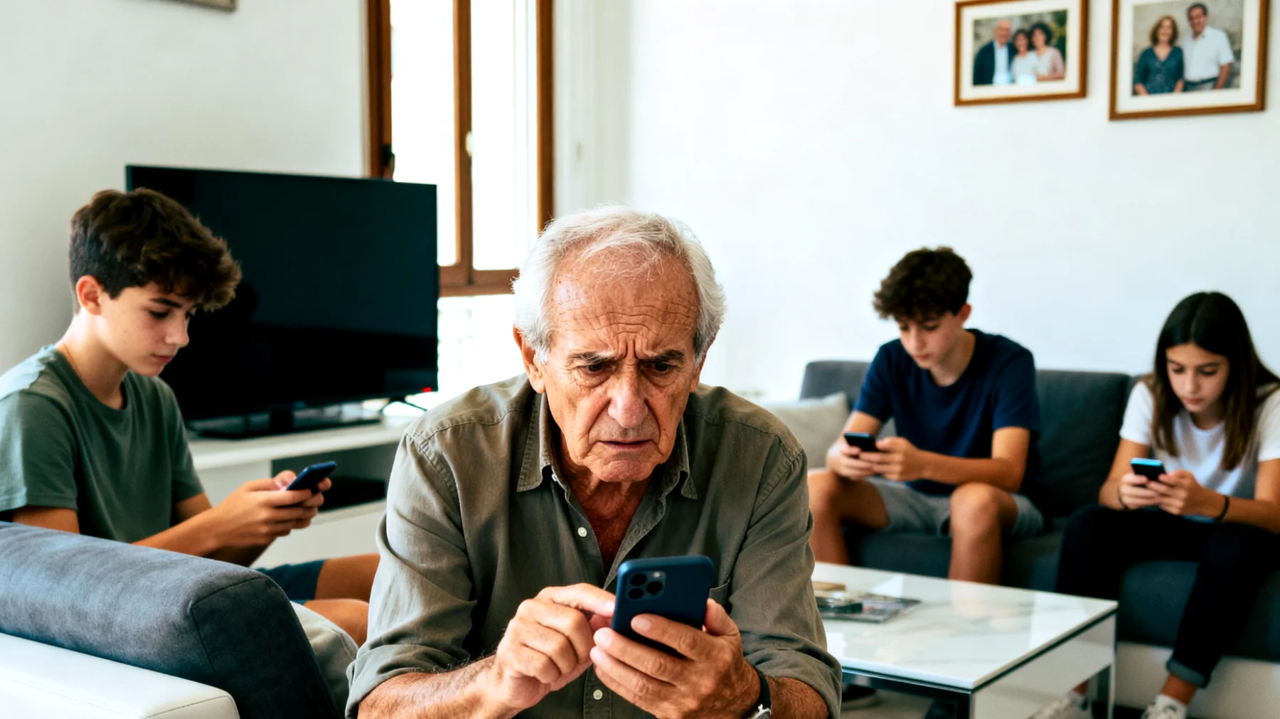Il nonno fatica a comprendere e monitorare l'uso dei social media da parte dei nipoti adolescenti, preoccupandosi per i contenuti che condividono, le persone con cui interagiscono online e i potenziali rischi legati alla privacy e alla sicurezza digitale"