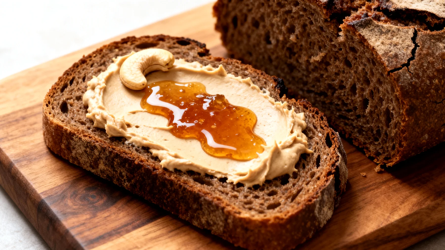 Pane di segale integrale con crema di anacardi e miele di grano saraceno"