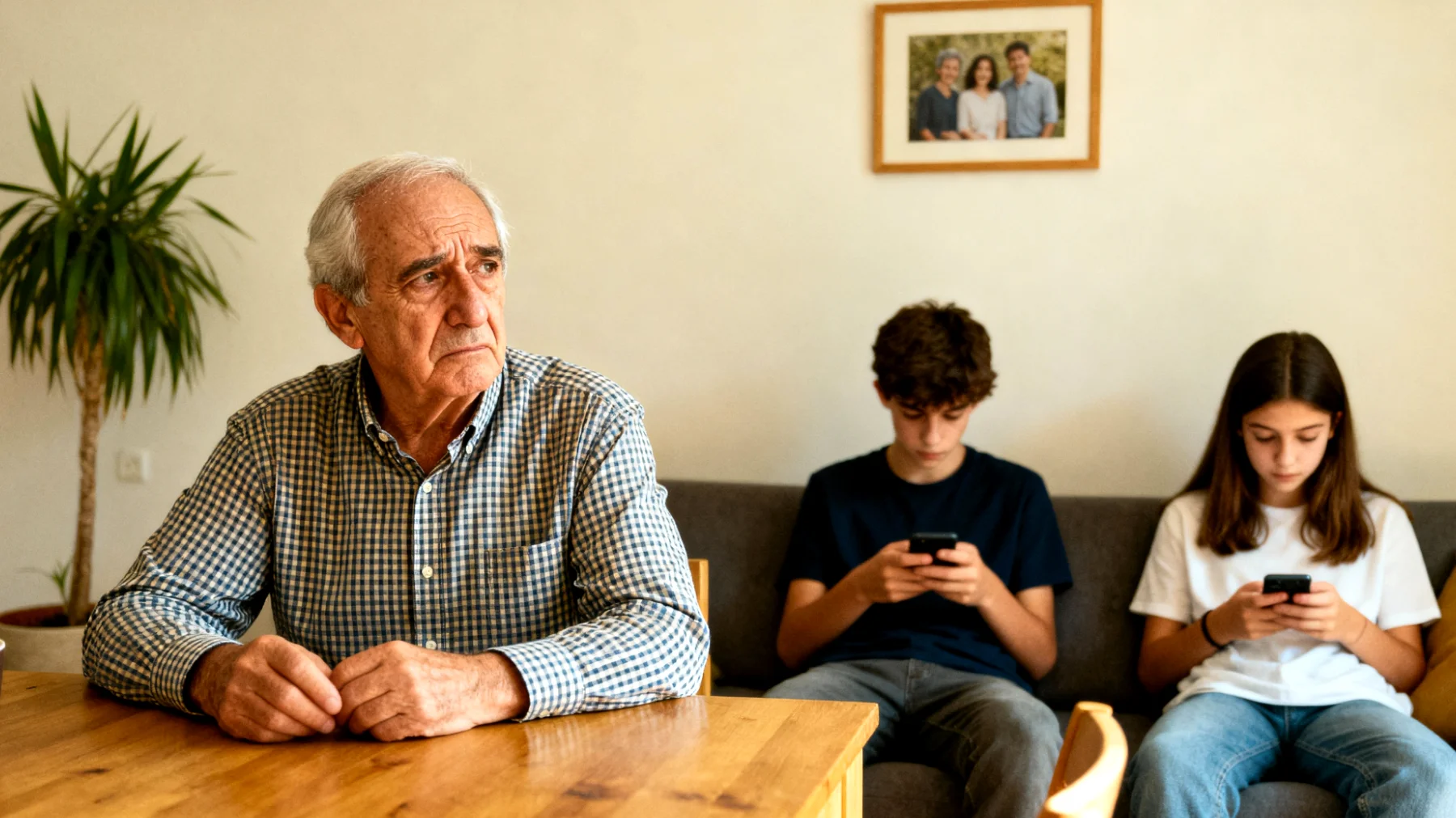 Il nonno fatica a comunicare efficacemente con i nipoti adolescenti che sembrano distanti, chiusi e poco disponibili al dialogo, creando incomprensioni e frustrazione reciproca"