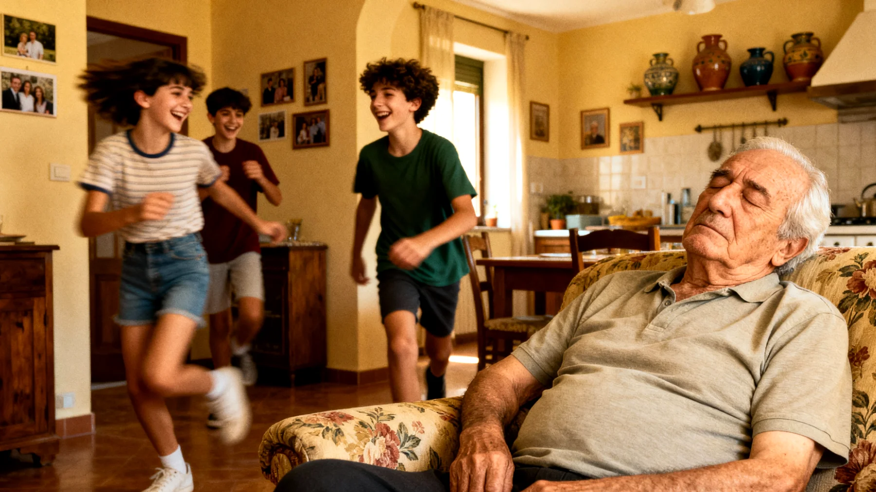 Il nonno si sente sempre più stanco nel gestire i nipoti adolescenti e fatica a trovare le energie necessarie per stargli dietro nelle loro richieste e attività, sentendosi inadeguato nel suo ruolo"