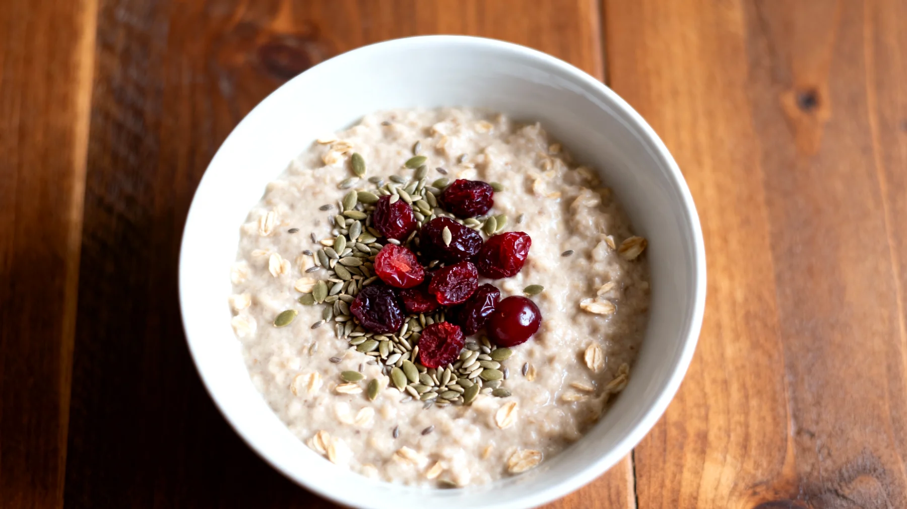 Porridge di avena con semi di canapa e ciliegie amarene secche"